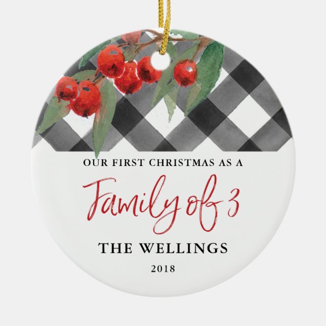 Black & White Buffalo Plaid Family of Three Ceramic Ornament (Front)