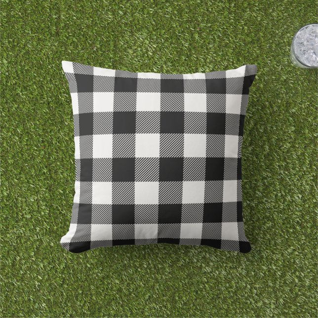 Black White Buffalo Plaid Farmhouse Decor  Outdoor Pillow (Grass)