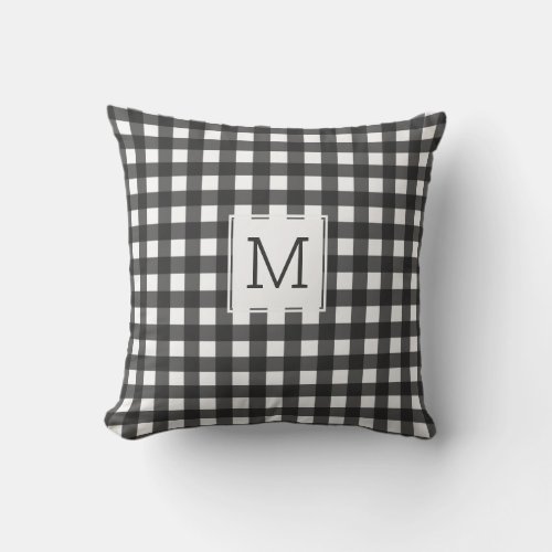 Black White Buffalo Plaid Gingham Check Monogram Outdoor Pillow