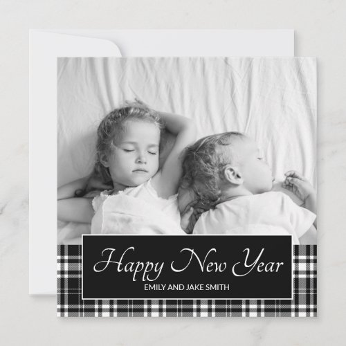 Black White Buffalo Plaid Happy New Year Photo Holiday Card