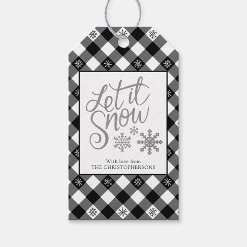 Black White Buffalo Plaid LET IT SNOW Snowflakes Gift Tags