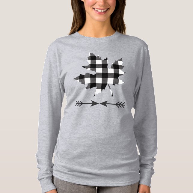 Black White Buffalo Plaid Maple Leaf T-Shirt (Front)