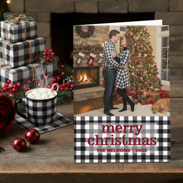 Black & White Buffalo Plaid Merry Christmas Photo Holiday Card (Creator Uploaded)