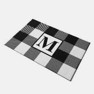 Black & White Buffalo Plaid Monogram Christmas Doormat