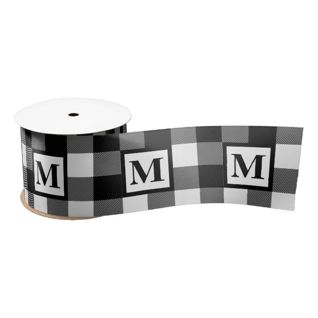 Black & White Buffalo Plaid Monogram Holiday Satin Ribbon (Spool)