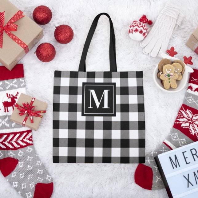Black White Buffalo Plaid Monogram Initial Tote Bag (Creator Uploaded)