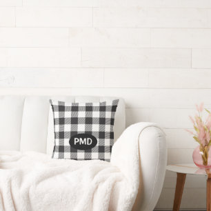 Black White Buffalo Plaid Monogram Initials Throw Pillow