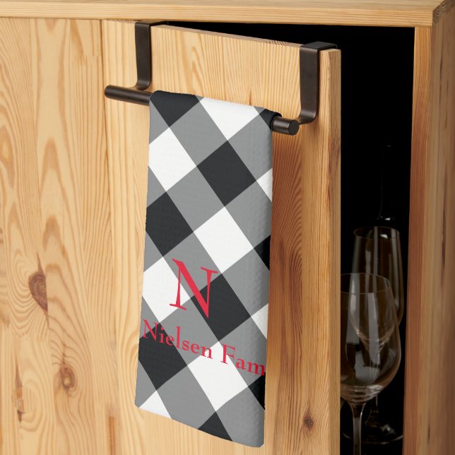 Black White Buffalo Plaid Monogram Kitchen Towel (Thirds Fold)
