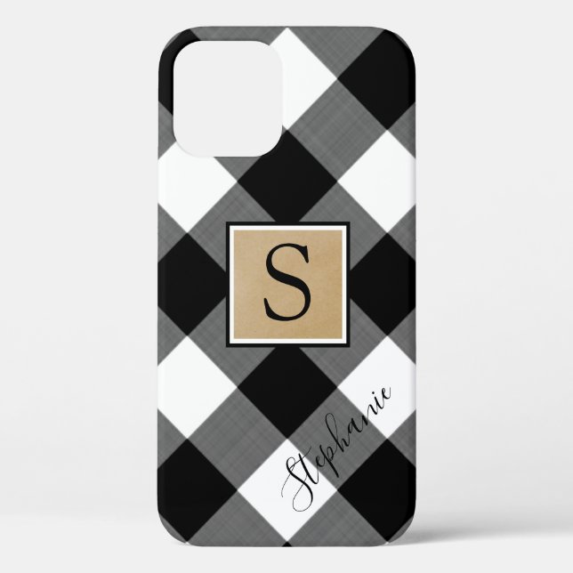 Black White Buffalo Plaid Monogram Script Name Case-Mate iPhone Case (Back)