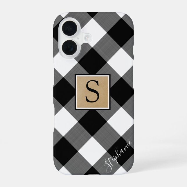 Black White Buffalo Plaid Monogram Script Name Iphone Case (Back)