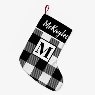 Black & White Buffalo Plaid Monogram Xmas Small Christmas Stocking
