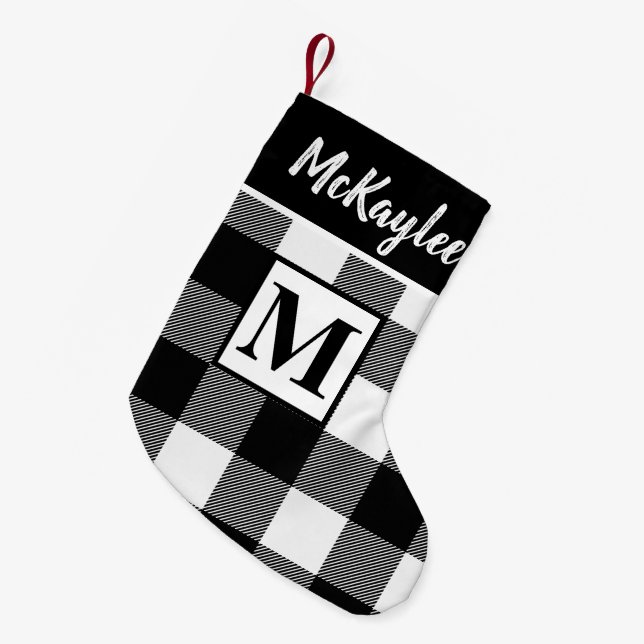 Black & White Buffalo Plaid Monogram Xmas Small Christmas Stocking (Front (Hanging))