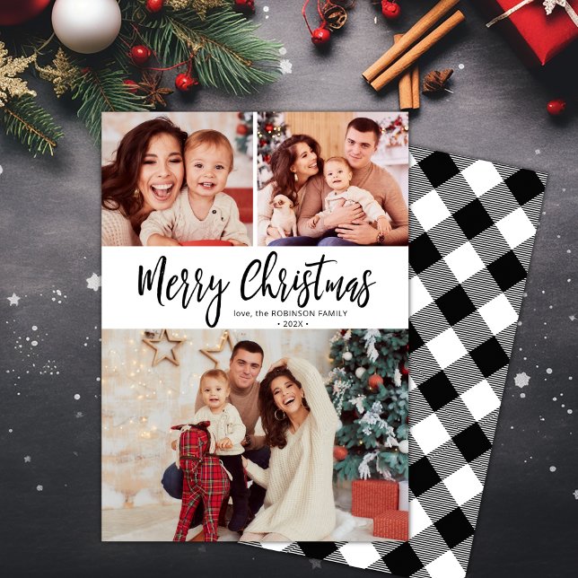 Black White Buffalo Plaid Multi Photo Christmas  Holiday Card (Creator Uploaded)