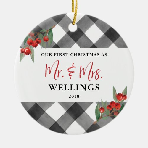 Black  White Buffalo Plaid Newlywed Mr and Mrs Ceramic Ornament