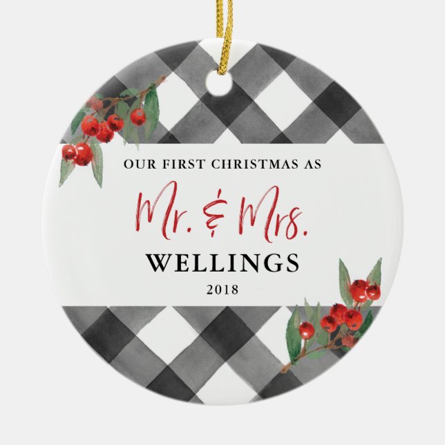 Black & White Buffalo Plaid Newlywed Mr and Mrs Ceramic Ornament (Front)