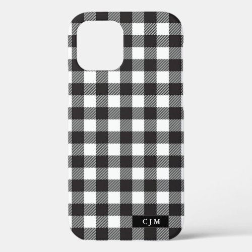 Black White Buffalo Plaid Pattern Monogram Rustic iPhone 12 Case