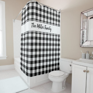 Black White Buffalo Plaid Pattern with Custom Name Shower Curtain