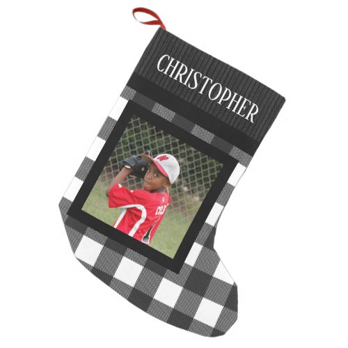 Black White Buffalo Plaid Personalized Name Photo Small Christmas Stocking