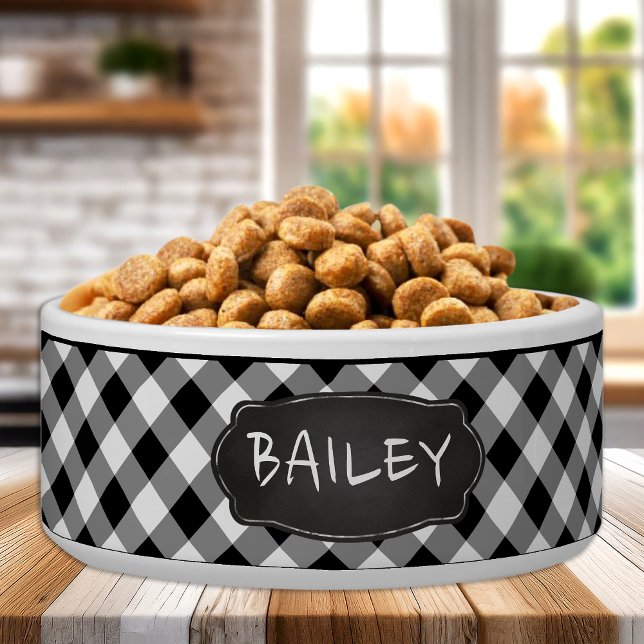 Black White Buffalo Plaid Personalized Pet Dog Bowl (Creator Uploaded)