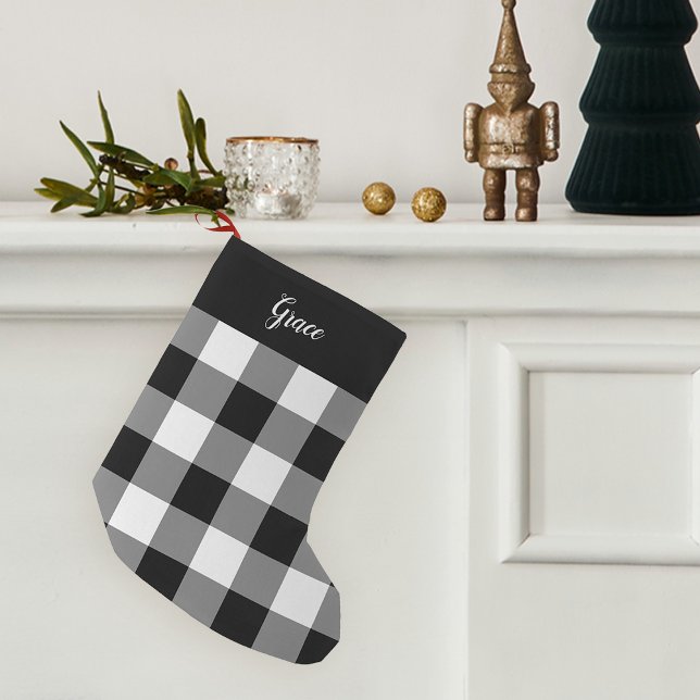 Black & White Buffalo Plaid Personalized Small Christmas Stocking (Creator Uploaded)
