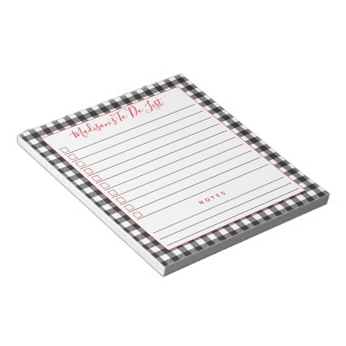 Black White Buffalo Plaid Personalized To Do List Notepad