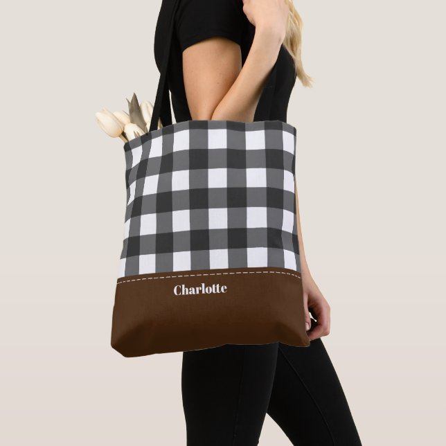 Black White Buffalo Plaid Personalized Tote Bag (Close Up)