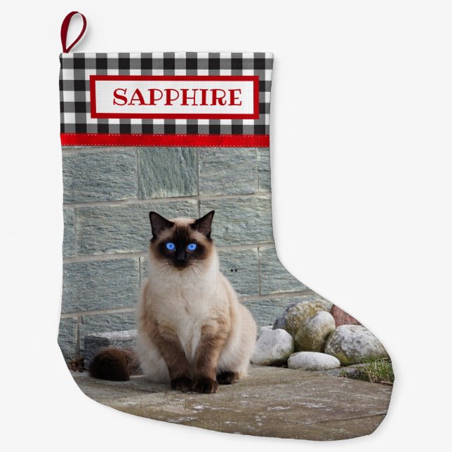 Black/White Buffalo Plaid- Pet Photo-Personalized Large Christmas Stocking (Front)