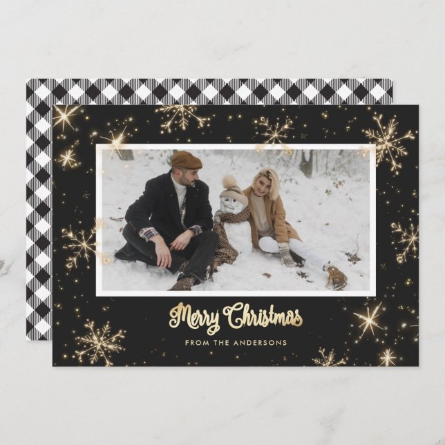Black & White Buffalo Plaid Photo Christmas Cards (Front/Back)
