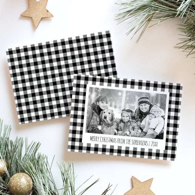 Black & White Buffalo Plaid Photo Christmas Holiday Card (Creator Uploaded)