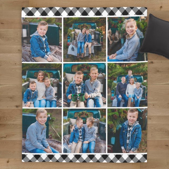 Black White Buffalo Plaid Photo Collage Fleece Blanket (Creator Uploaded)