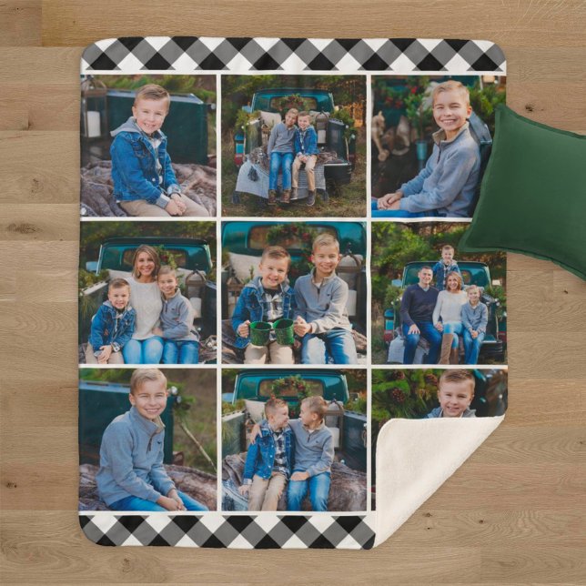 Black White Buffalo Plaid Photo Collage Sherpa Blanket (Creator Uploaded)