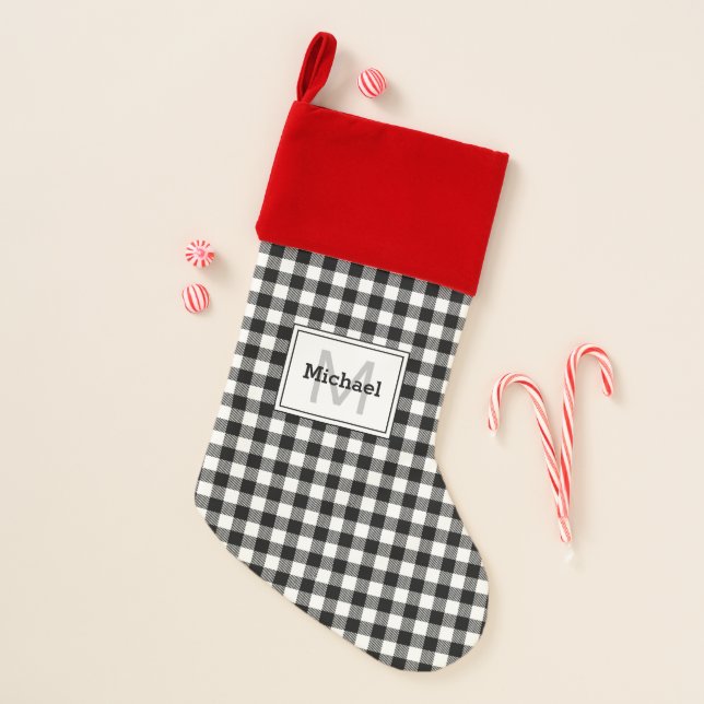 Black & White Buffalo Plaid Red Trim Monogram Christmas Stocking (Front)