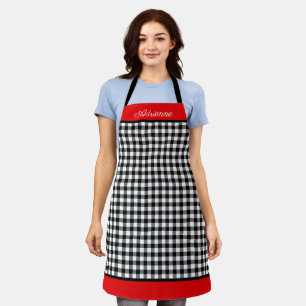 Black & White Buffalo Plaid Red Trim Personalized Apron