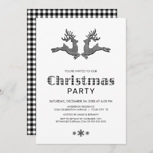 Black White Buffalo Plaid Reindeer Christmas Party Invitation