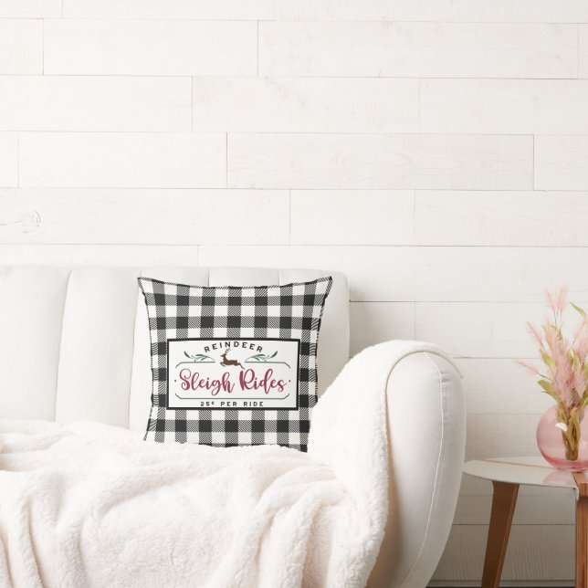 Black White Buffalo Plaid - Reindeer Sleigh Ride Throw Pillow (Couch)