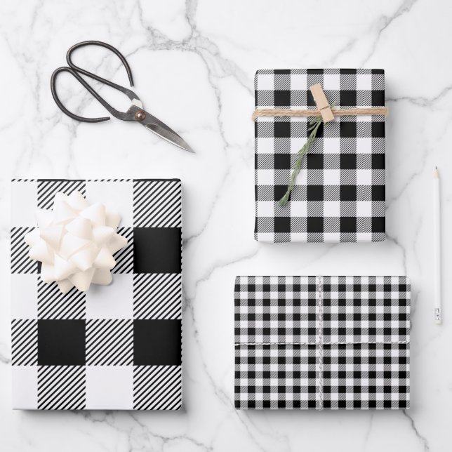 Black & White Buffalo Plaid Seamless Checkered Wrapping Paper Sheets (Front)