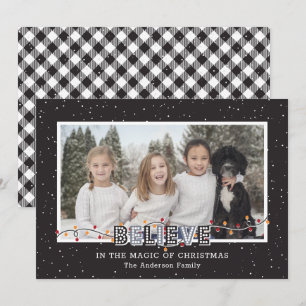 Black White Buffalo Plaid Snow Believe Photo Holiday Card