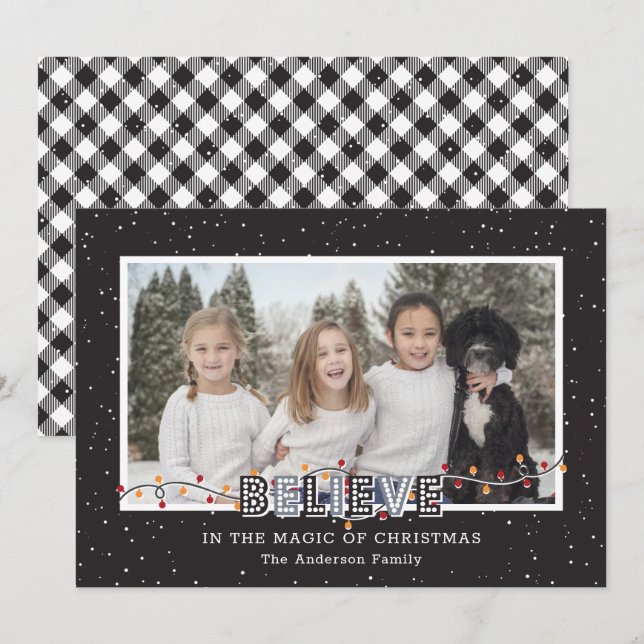 Black White Buffalo Plaid Snow Believe Photo Holiday Card (Front/Back)