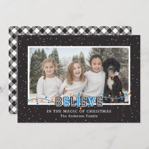 Black White Buffalo Plaid Snow Blue Believe Photo Holiday Card