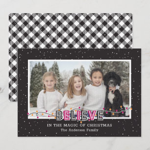 Black White Buffalo Plaid Snow Pink Believe Photo Holiday Card