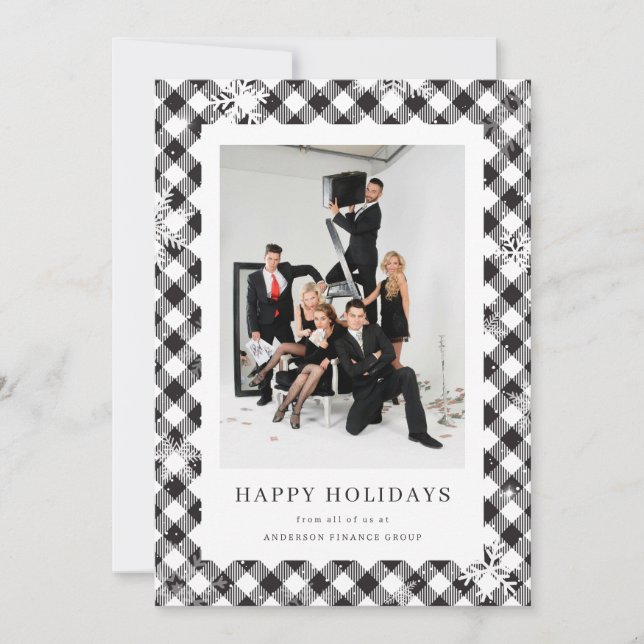 Black White Buffalo Plaid Snowflake Photo Business Holiday Card (Front)