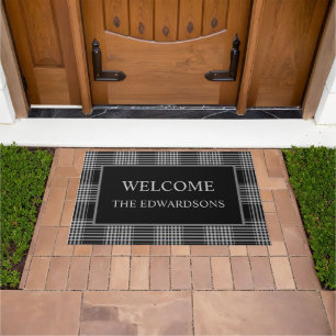Black white Buffalo plaid Welcome family name Doormat