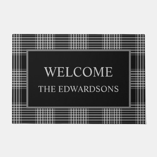 Black white Buffalo plaid Welcome family name Doormat