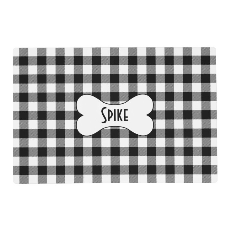Black White Buffalo Plaid with Name in Dog Bone Placemat Zazzle