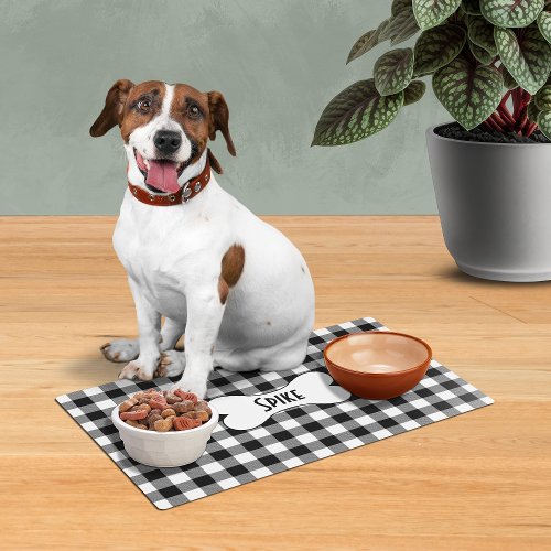 Black White Buffalo Plaid with Name in Dog Bone Placemat