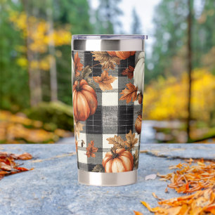 BLACK & WHITE BUFFALO PLAID WITH PUMPKINS & LEAVES INSULATED TUMBLER
