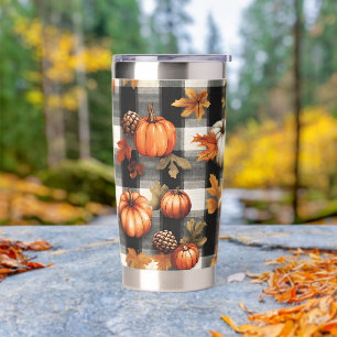 BLACK & WHITE BUFFALO PLAID WITH PUMPKINS & LEAVES INSULATED TUMBLER