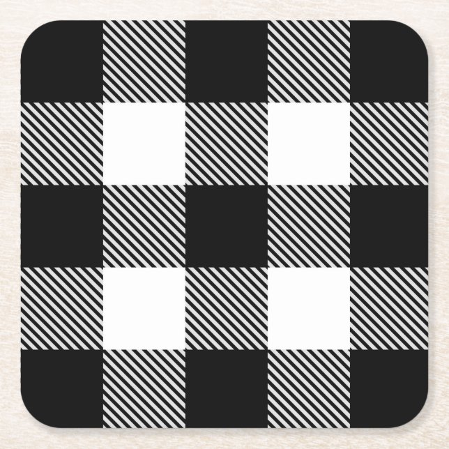 Black White Buffalo Plaid with Twill Square Paper Coaster (Front)