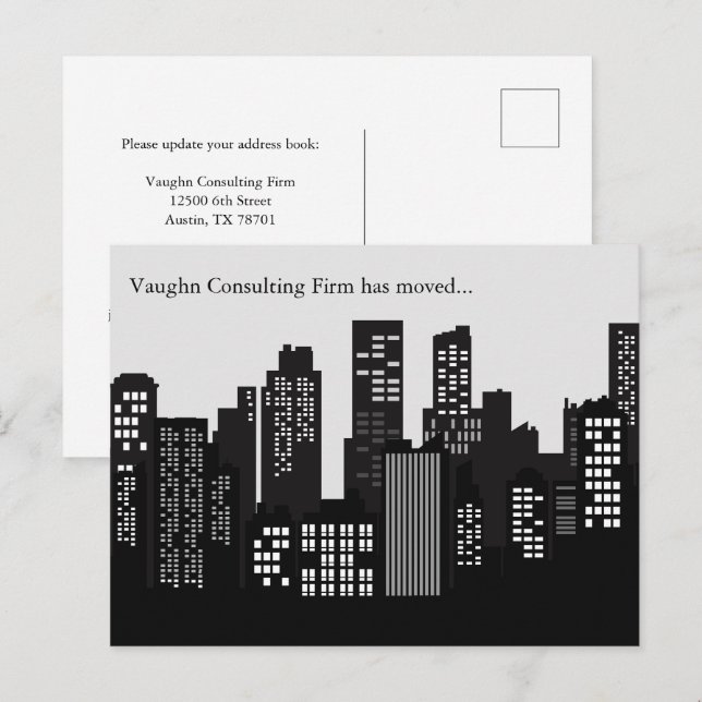 Black White Building Skyline Business Moving Announcement Postcard (Front/Back)
