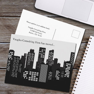 Black White Building Skyline Business Moving Announcement Postcard